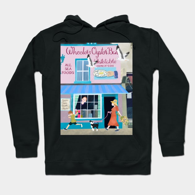 Paper cut art collage Wheeler’s Oyster Bar Whitstable with Schnauzer Hoodie by NattyDesigns